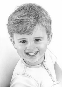 Portrait dessin d'un petit garçon souriant en noir et blanc