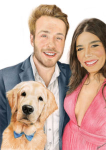 Portrait dessin d'un couple avec leur chien labrador
