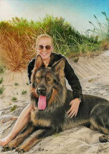 Dessin portrait d'un chien à la plage avec sa maîtresse
