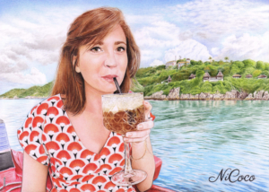 Portrait dessin d'une jeune femme en vacances