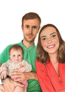 Portrait dessin parents et bébé en couleur