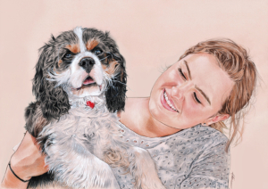 Portrait dessin d'un chien et sa maitresse